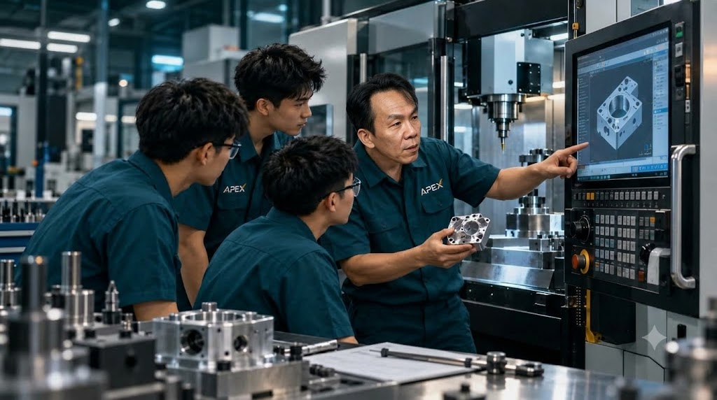 Giảng viên APEX hướng dẫn học viên thực hành trực tiếp trên máy CNC